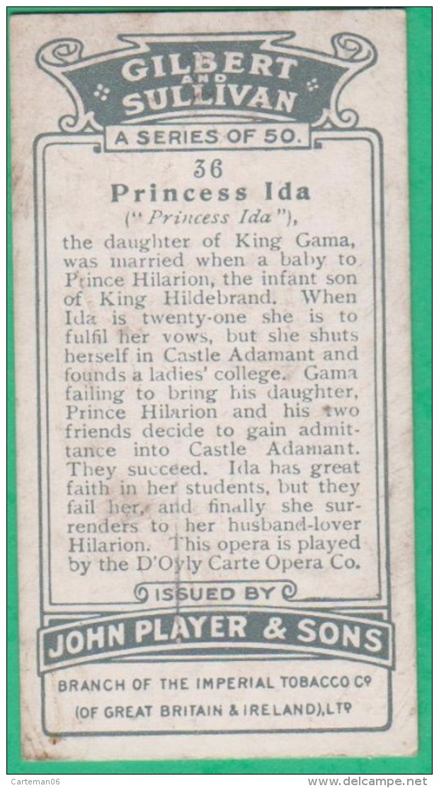 Chromo John Player & Sons, Player's Cigarettes, Gilbert And Sullivan - Princess Ida - Princess Ida N°36 - Player's