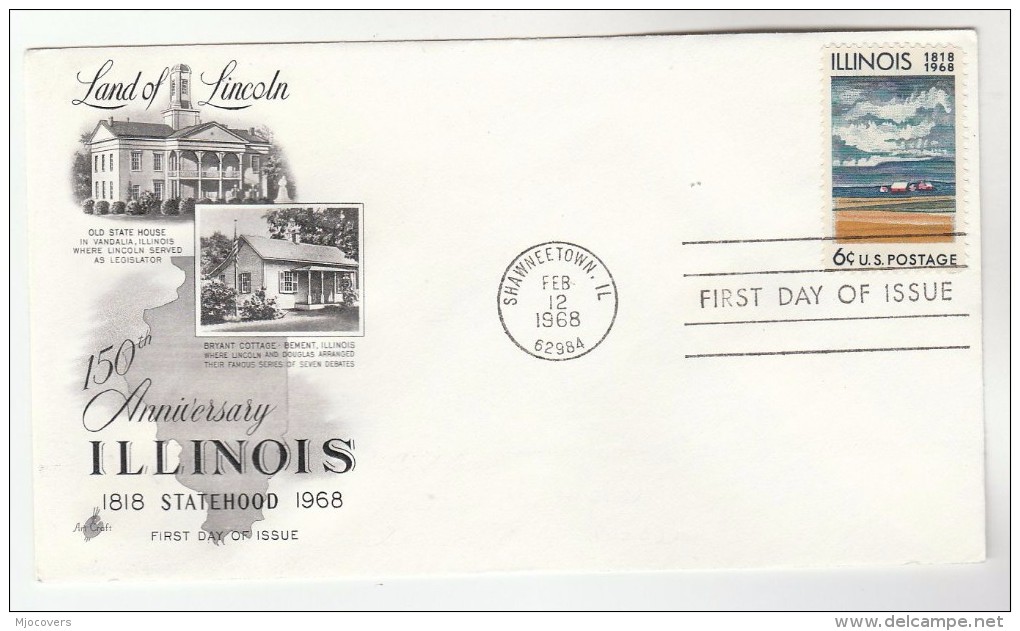 1968 Art Craft USA FDC ILLINOIS  Stamps Cover SHAWNEETOWN Illus Bryant Cottage Abraham Lincoln Debate - 1961-1970