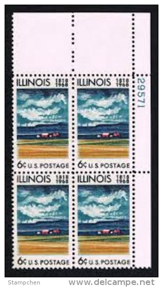 Plate Block -1968 USA Illinois Statehood Stamp Sc#1339 Farm House Grain Cloud - Climate & Meteorology