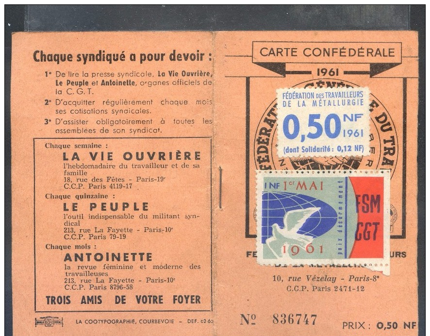 CARTE  CONFEDERALE  C.G.T.  1961  .  FEDERATION  DES TRAVAILLEURS DE LA METALLURGIE  .  (  2  SCANS  )  . - Autres & Non Classés