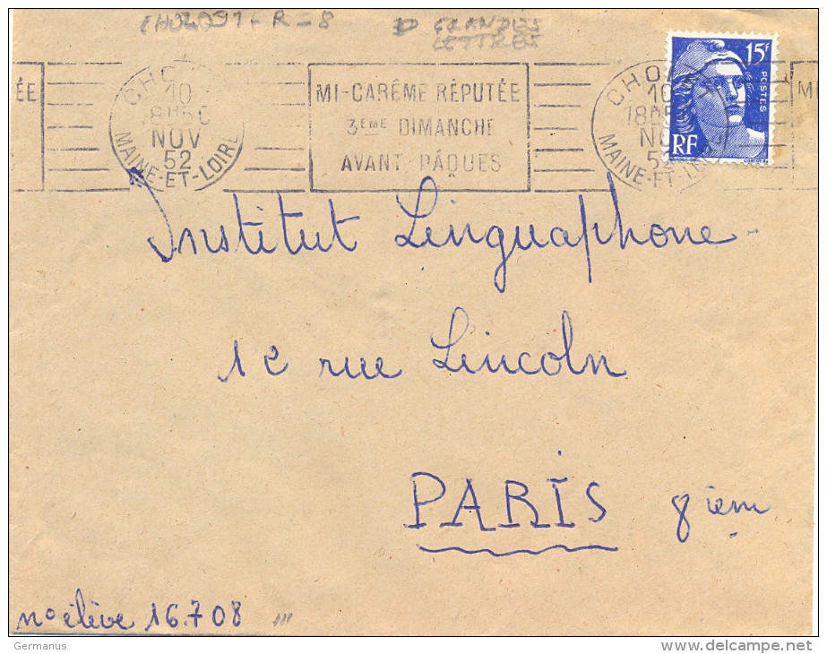 CHOLET MAINE-ET-LOIRE (grandes Lettres) OM RBV BD 4L 10 NOV 52 MI-CARÊME RÉPUTÉE / 3EME DIMANCHE / AVANT PÂQUES - Oblitérations Mécaniques (flammes)