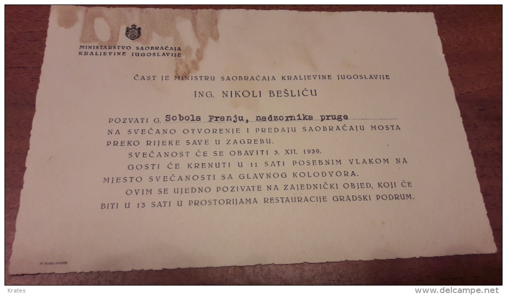 Old Personal Document - Croatia, Kingdom Yugoslavia, Invitation To The Opening Of The New Bridge In Zagreb 1939 Years - Altri & Non Classificati