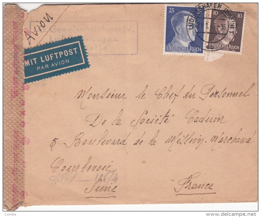 DEUTSCHES REICH COVER MIT LUFTPOST 1941 LUDWIGSCAFEN TO  COURBEVOIE FRANCE  CENSOR / 4101 - Lettres & Documents