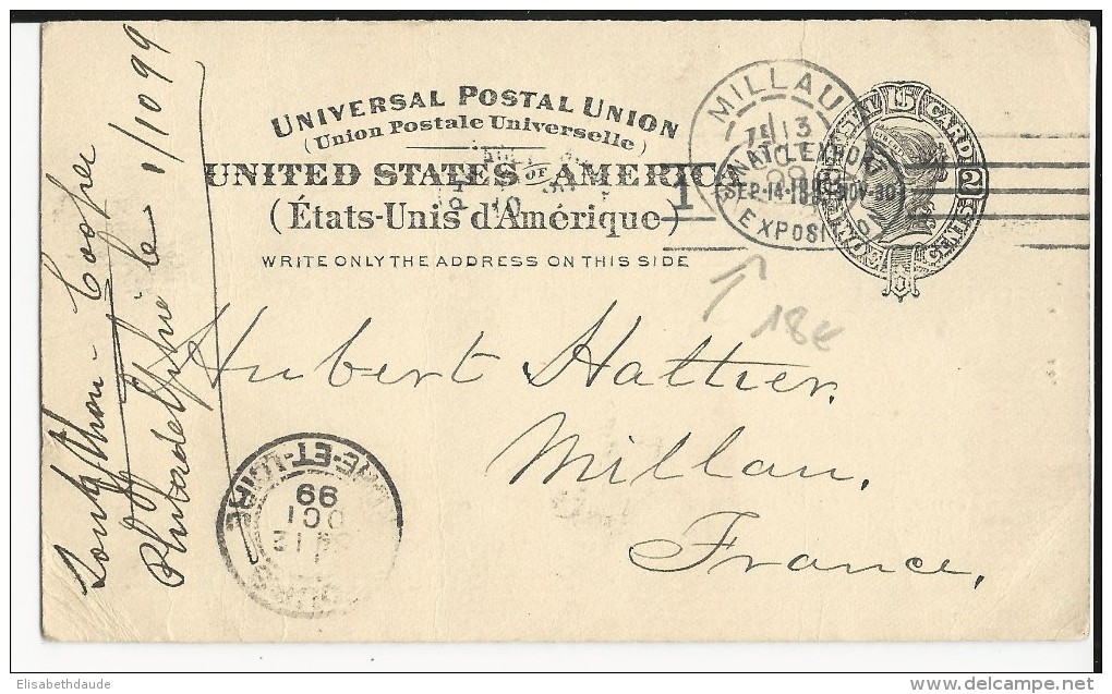USA - 1899 - OBLITERATION MECA PROPAGANDE EXPO De PHILADELPHIE Sur CARTE ENTIER PUBLICITAIRE REPIQUEE Au DOS Pour MILLAU - Postal History
