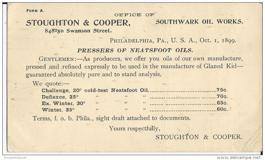 USA - 1899 - OBLITERATION MECA PROPAGANDE EXPO De PHILADELPHIE Sur CARTE ENTIER PUBLICITAIRE REPIQUEE Au DOS Pour MILLAU - Marcofilia