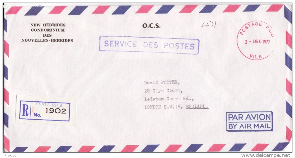 Vila Postage Paid 1977 - Registered Lettre Recommandée Avec étiquette - Hebrides - Cartas & Documentos