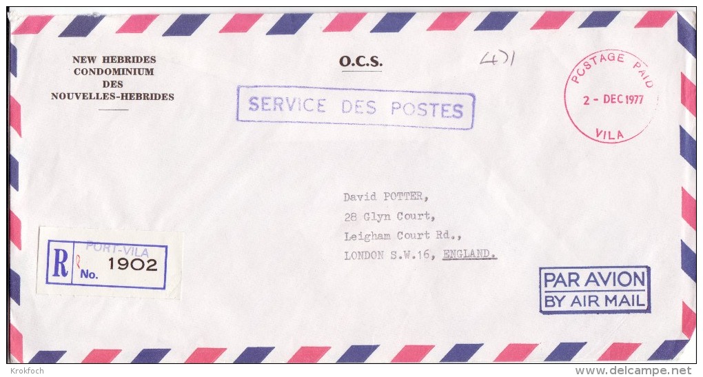 Vila Postage Paid 1977 - Registered Lettre Recommandée Avec étiquette - Hebrides - Storia Postale