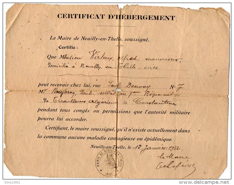 VP5365 - Le Maire De NEUILLY EN THELLE - Certificat D'Hébergement P.BERGERON Au 7ème Rgt De Tirailleurs Algériens - Documenti