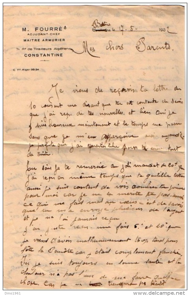 VP5365 - Papier Lettre M. FOURRE Maitre Armurier Au 7ème Rgt De Tirailleurs Algériens CONSTANTINE - Documenti