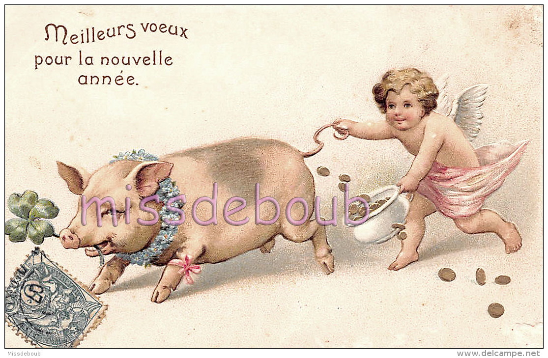 Cochon Porte Bonheur Qui Fait Des Pièces D'or à Un Ange - Trèfle - Carte Gaufrée - Voeux Bonne Année  - 2 Scans - Nouvel An