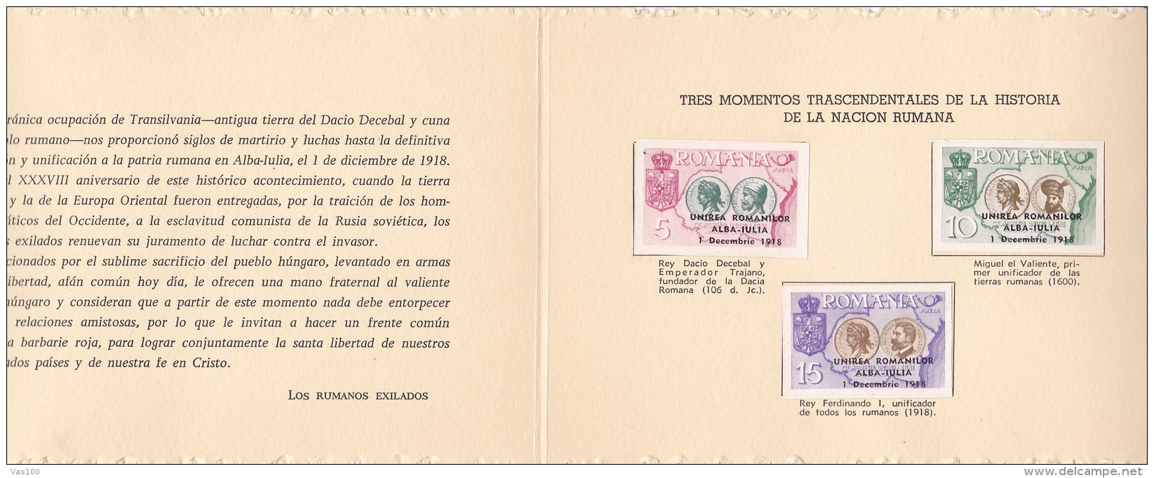 #T95   UNION OF TRANSILVANIA WITH ROMANIA, ALBA IULIA, 1918,    BOOKLETS,  OVERPRINT,  1954, SPAIN EXIL, ROMANIA. - Postzegelboekjes
