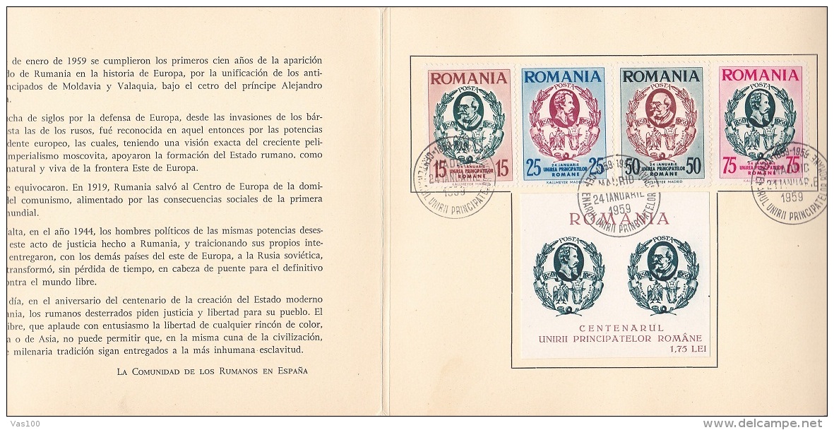 #T96     CENTENARY OF UNION OF  MOLDAVIA AND VALAHIA,   1859, AL.I.CUZA,    BOOKLETS,   1959 , SPAIN EXIL, ROMANIA. - Libretti