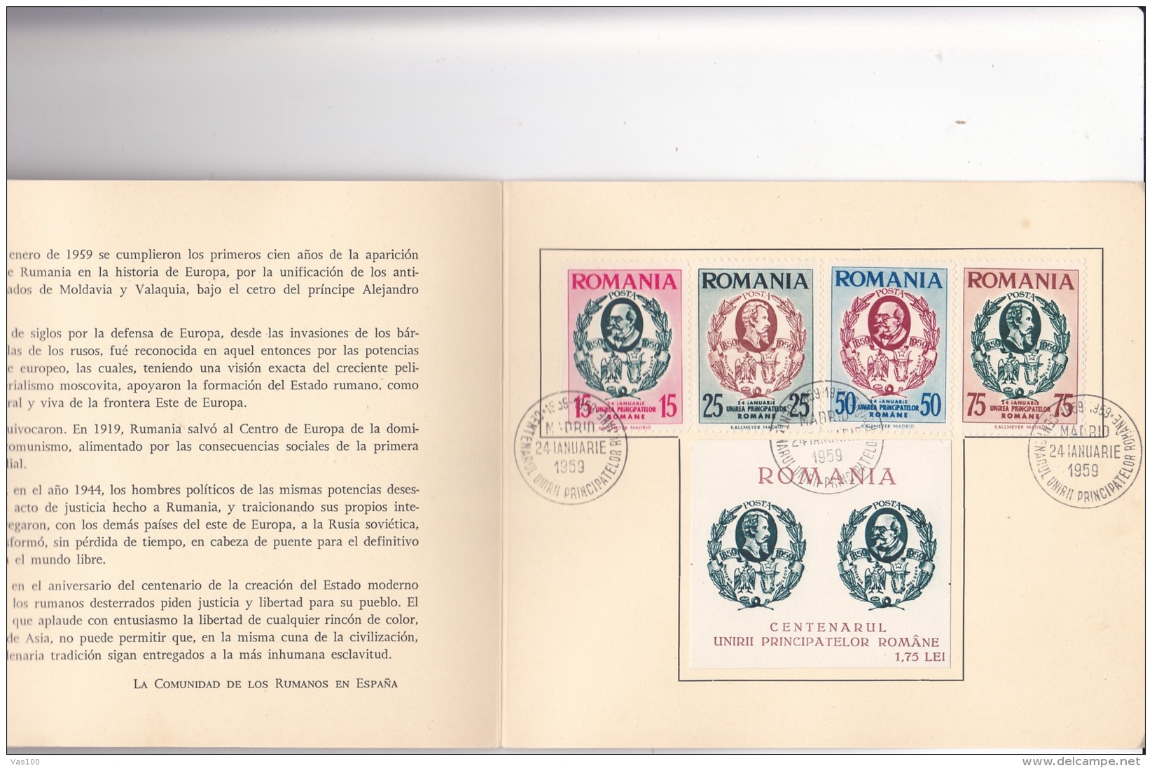 #T96     CENTENARY OF UNION OF  MOLDAVIA AND VALAHIA,   1859, AL.I.CUZA,    BOOKLETS,   1959 , SPAIN EXIL, ROMANIA.