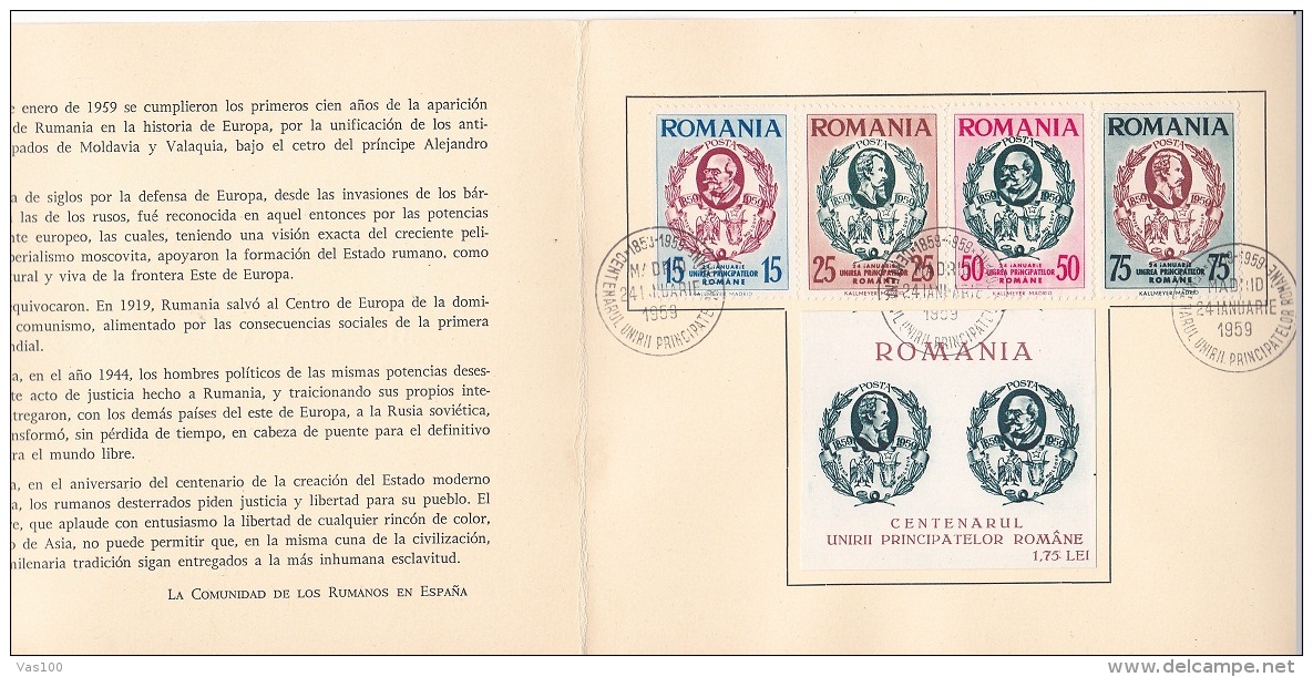 #T96     CENTENARY OF UNION OF  MOLDAVIA AND VALAHIA,   1859, AL.I.CUZA,    BOOKLETS,   1959 , SPAIN EXIL, ROMANIA.