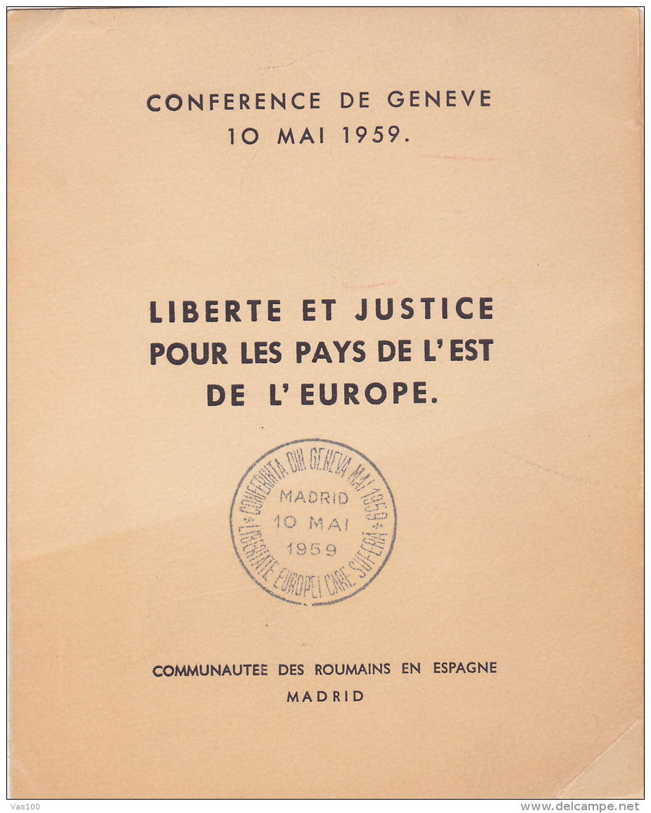 #T97    CONFERENCE , GENEVA, FREEDOM AND JUSTICE ,    BOOKLETS,   1959 , SPAIN EXIL, ROMANIA. - Postzegelboekjes