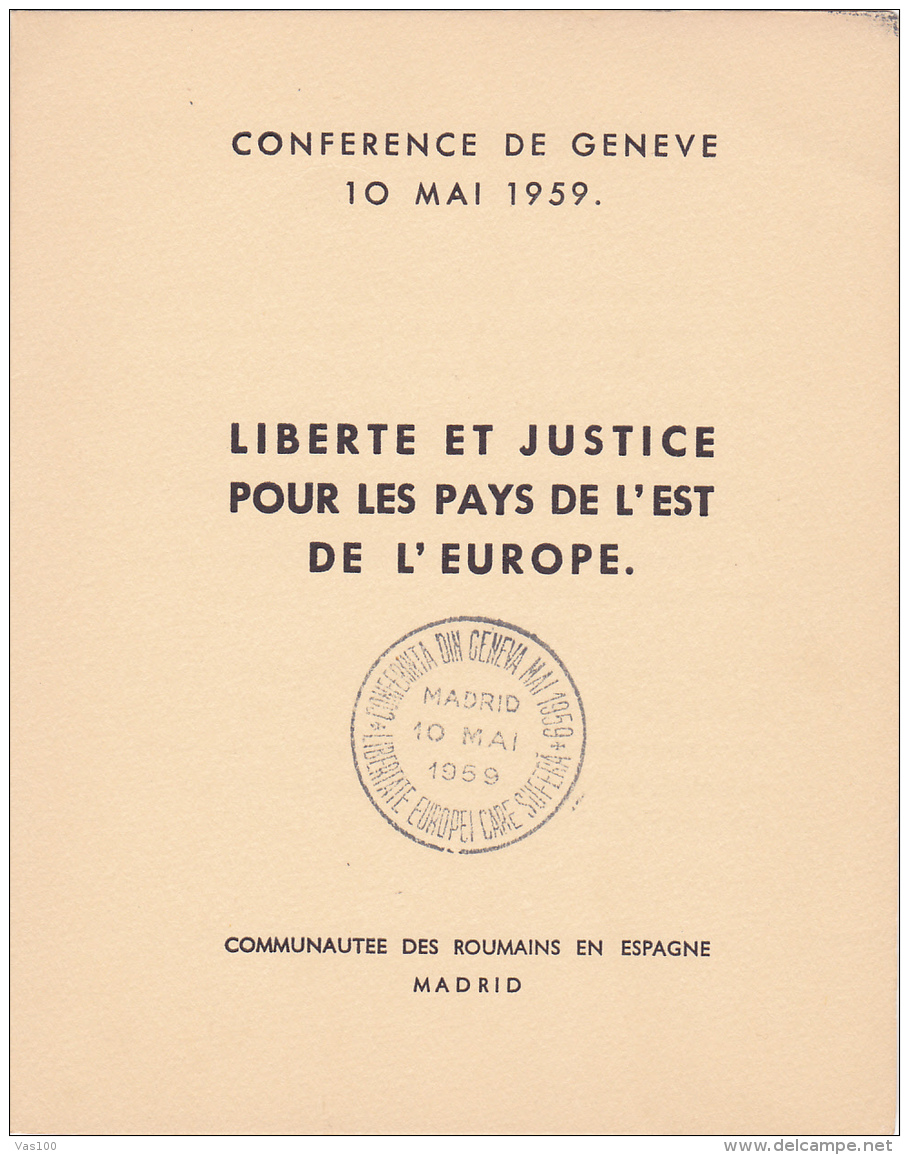 #T98    CONFERENCE , GENEVA, FREEDOM AND JUSTICE ,    BOOKLETS,   1959 , SPAIN EXIL, ROMANIA. - Libretti