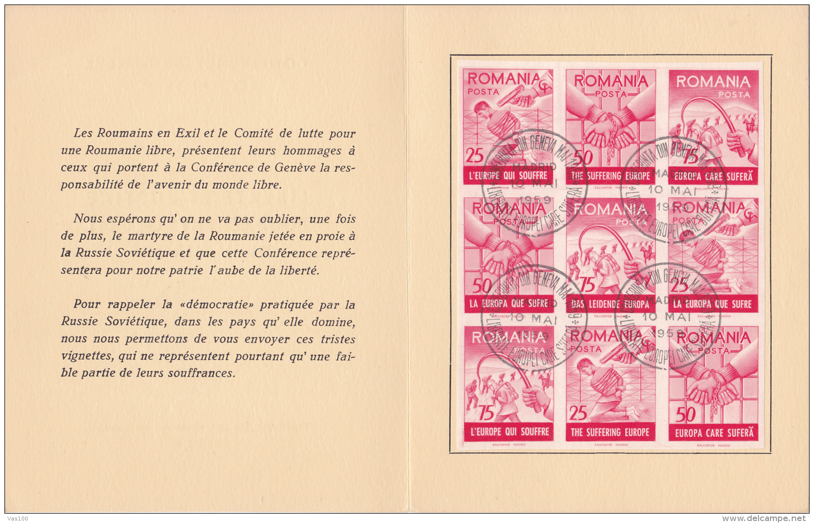 #T98    CONFERENCE , GENEVA, FREEDOM AND JUSTICE ,    BOOKLETS,   1959 , SPAIN EXIL, ROMANIA. - Postzegelboekjes