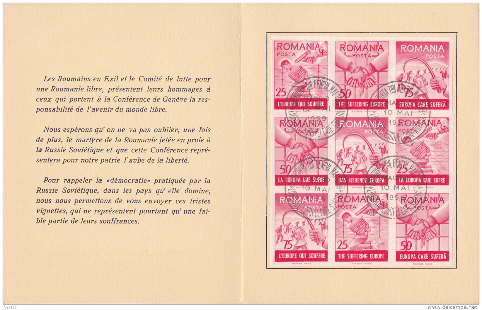 #T98    CONFERENCE , GENEVA, FREEDOM AND JUSTICE ,    BOOKLETS,   1959 , SPAIN EXIL, ROMANIA. - Libretti