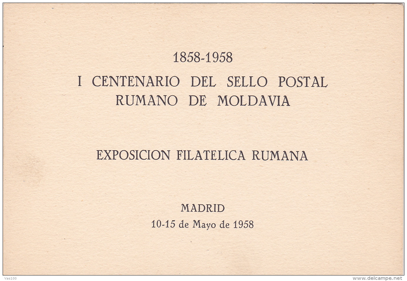 #T99     CENTENARY OF ROMANIAN STAMP FROM MOLDAVIA, ,    BOOKLETS,   1958  , SPAIN EXIL, ROMANIA. - Postzegelboekjes