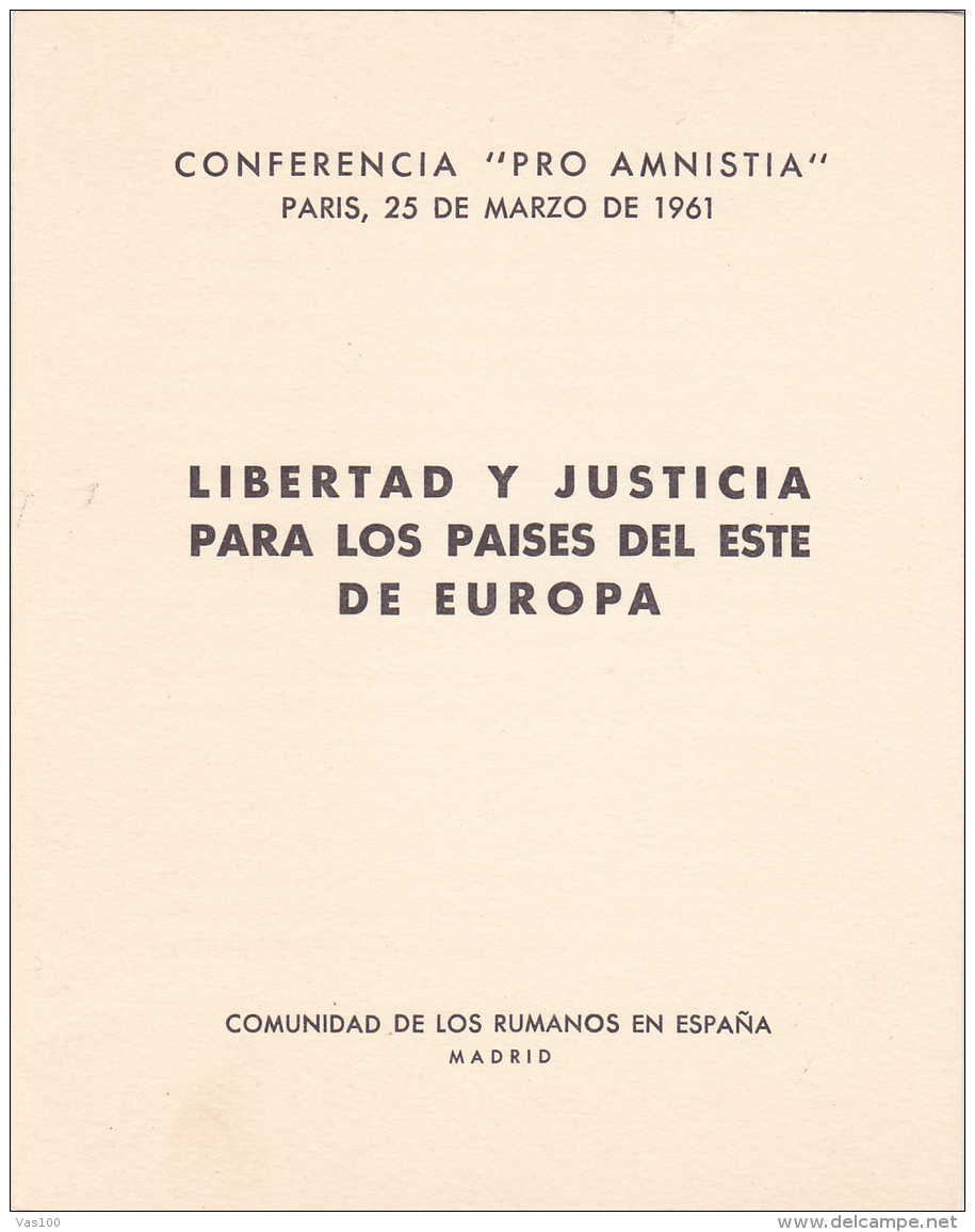 #T101      "PRO AMNISTIA" CONFERENCE, PARIS, FREEDOM AND JUSTICE ,   OVERPRINT , BOOKLETS,  1961  , SPAIN EXIL, ROMANIA. - Cuadernillos