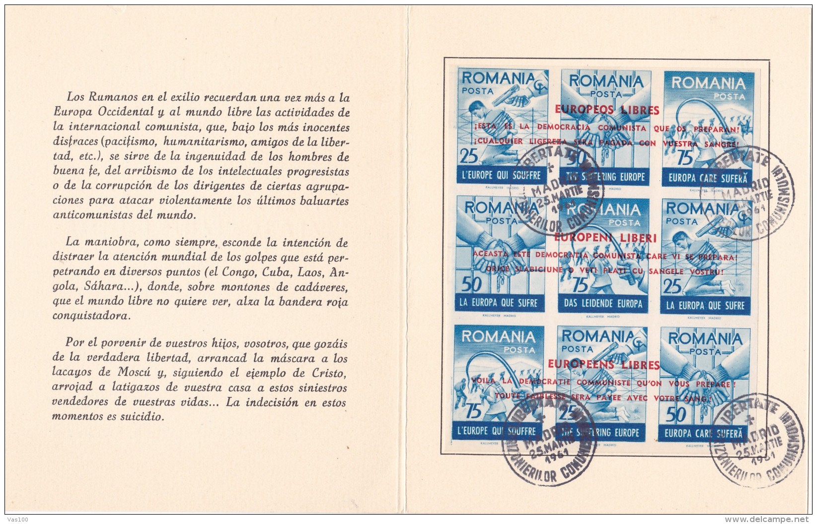 #T101      "PRO AMNISTIA" CONFERENCE, PARIS, FREEDOM AND JUSTICE ,   OVERPRINT , BOOKLETS,  1961  , SPAIN EXIL, ROMANIA. - Cuadernillos