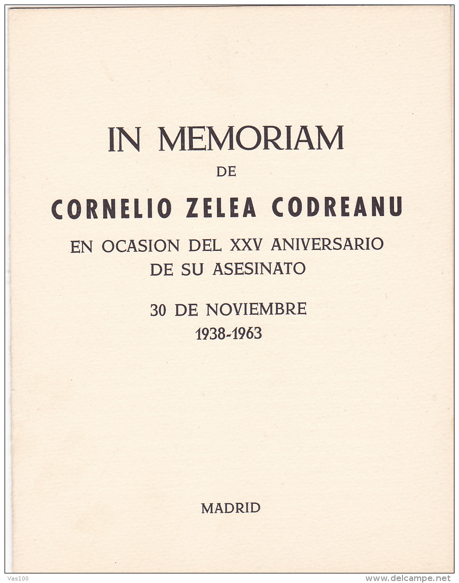 #T104   IN MEMORIAM OF CORNELIU Z. CODREANU , BOOKLETS,1963 , SPAIN EXIL, ROMANIA. - Booklets