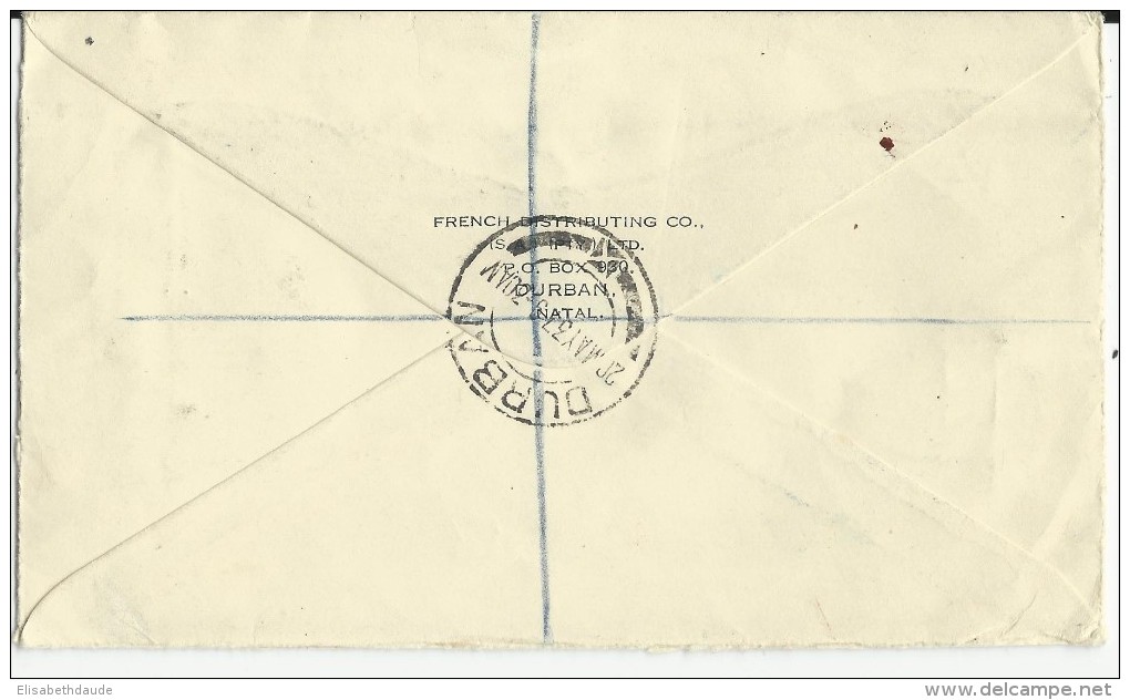 SOUTH AFRICA - 1937 - ENVELOPPE RECOMMANDEE AIRMAIL De DURBAN Pour PARIS - Lettres & Documents