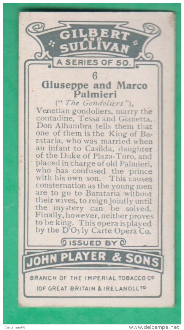 Chromo John Player & Sons, Player's Cigarettes, Gilbert And Sullivan - Guiseppe And Marco Palmieri - The Gondoliers N°6 - Player's