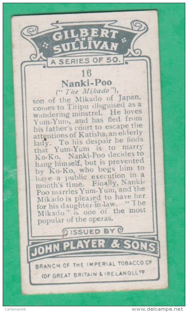 Chromo John Player & Sons, Player's Cigarettes, Gilbert And Sullivan - Nanki Poo - The Mikado N°16 - Player's