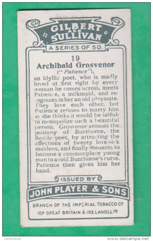 Chromo John Player & Sons, Player's Cigarettes, Gilbert And Sullivan - Archibald Grosvenor - Patience N°19 - Player's