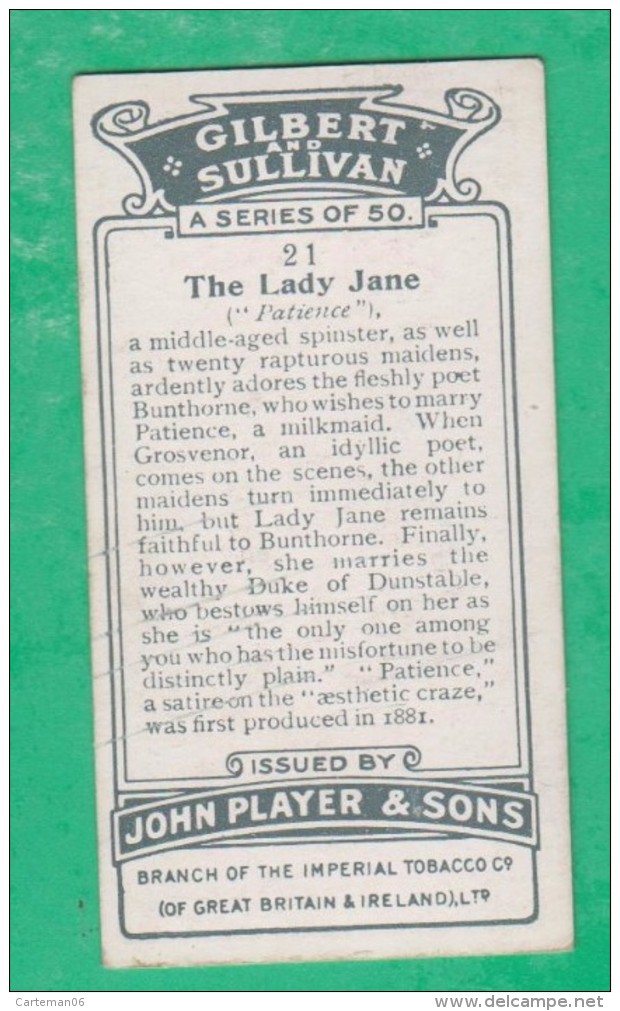 Chromo John Player & Sons, Player's Cigarettes, Gilbert And Sullivan - The Lady Jane - Patience N°21 - Player's