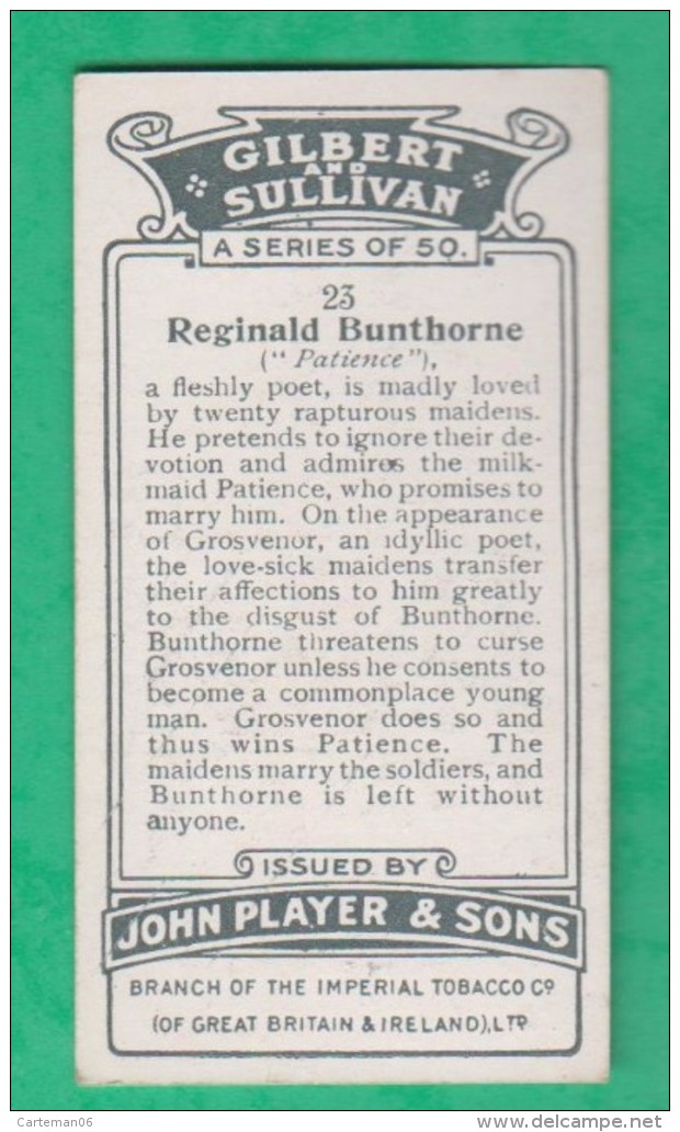 Chromo John Player & Sons, Player's Cigarettes, Gilbert And Sullivan - Reginald Bunthorne - Patience N°23 - Player's