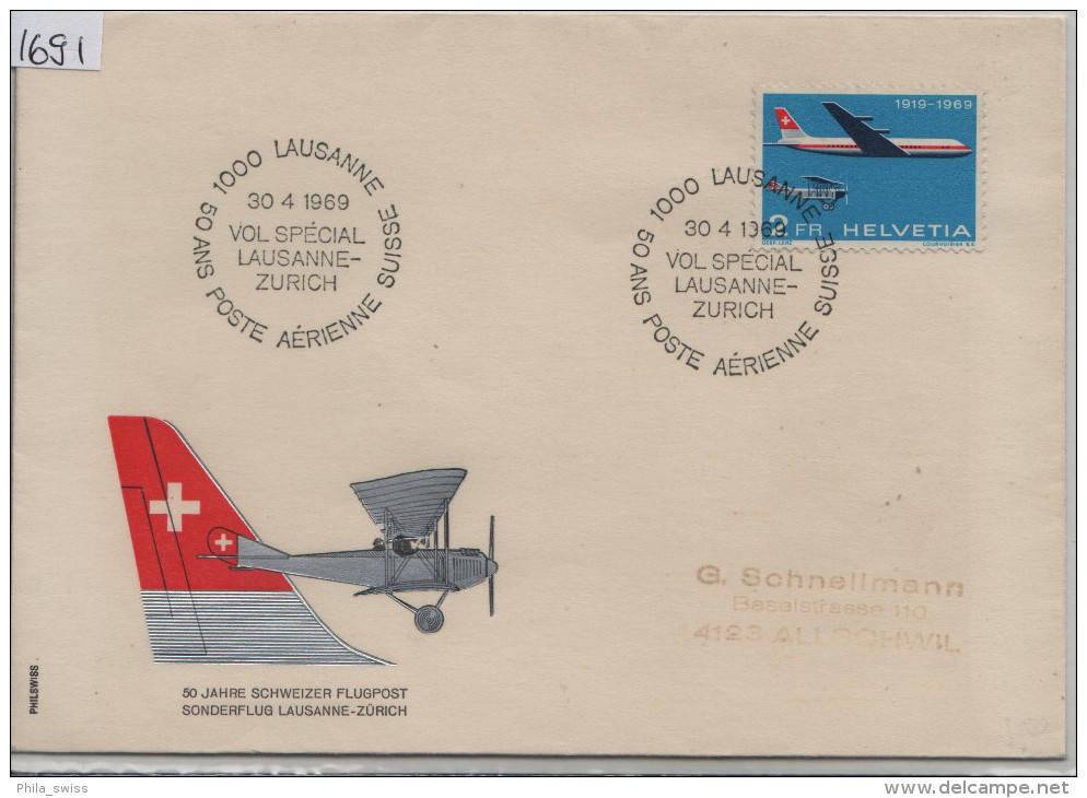 1969 50 JAHRE ANS POSTE AERIENNE SUISSE  HELVETIA SUISSE Sonderflug LAUSANNE - ZURICH 69.4 Vol Special - Premiers Vols