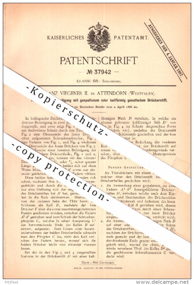 Original Patentschrift - Franz Viegener In Attendorn I. Westf., 1886, Türdrücker , Türen- Und Fensterbau , Tür , Schloss - Attendorn