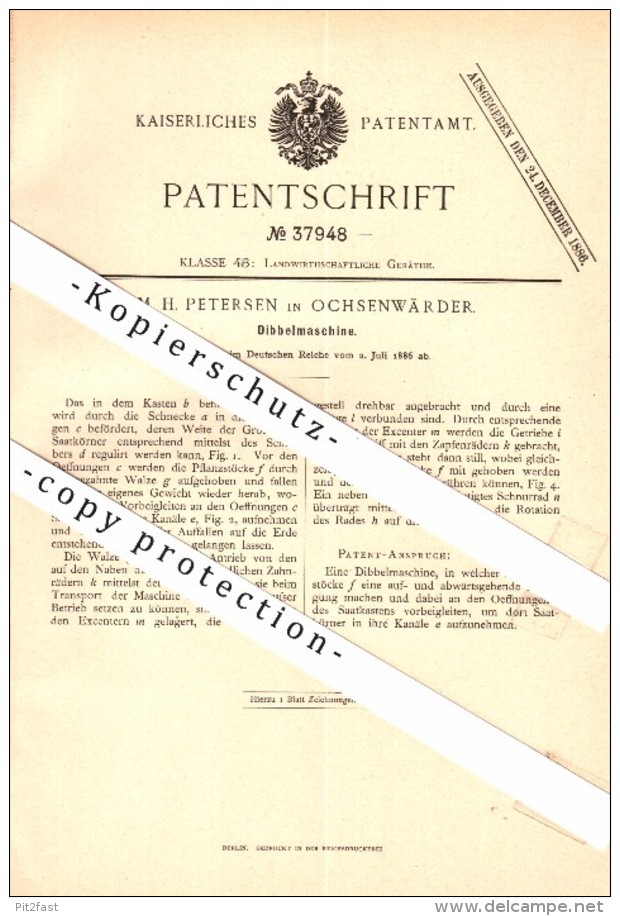 Original Patent - M. Petersen In Ochsenwärder B. Hamburg ,1886, Dibbelmaschine Für Landwirtschaft , Agrar , Ochsenwerder - Bergedorf