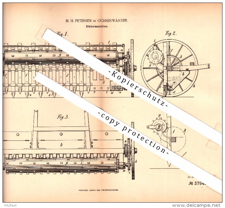 Original Patent - M. Petersen In Ochsenwärder B. Hamburg ,1886, Dibbelmaschine Für Landwirtschaft , Agrar , Ochsenwerder - Bergedorf
