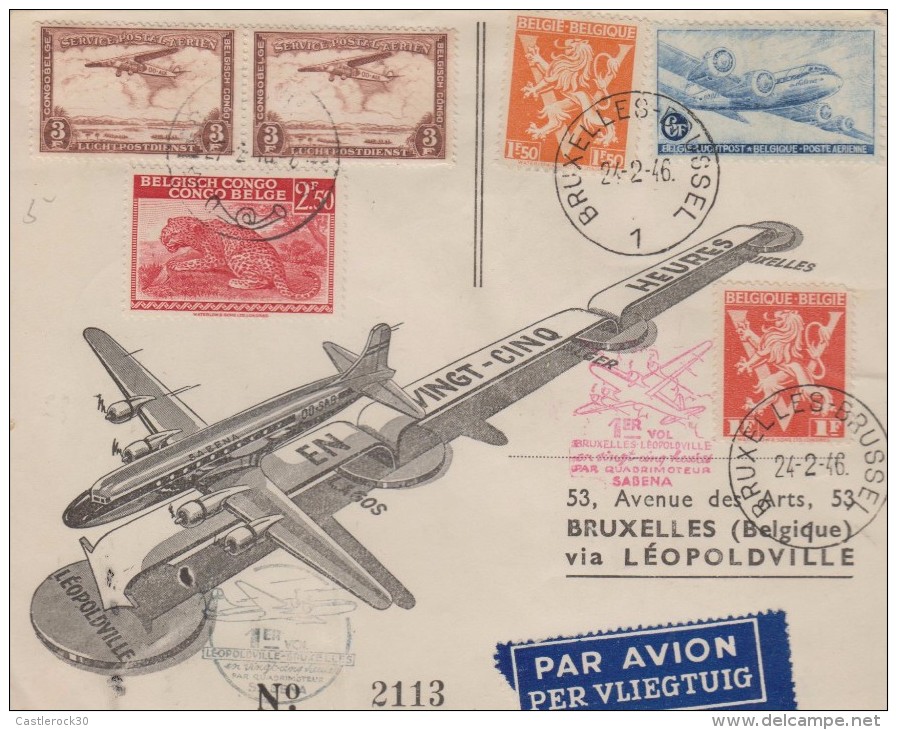 B)1946 BELGIUM, ANIMAL, AIRCRAFT, LION,  LEOPARD, LANDSCAPE OVERFLOWN BY AN AIRCRAFT, LION RAMPANT, MULTIPLE, AIRMAIL, F - Sonstige & Ohne Zuordnung