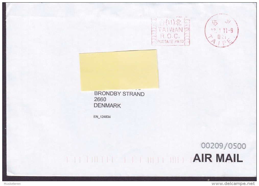 Taiwan Air Mail Stampless P.P. Postage Prepaid TAIPEI 2012 Cover Brief BRØNDBY STRAND Denmark - Briefe U. Dokumente