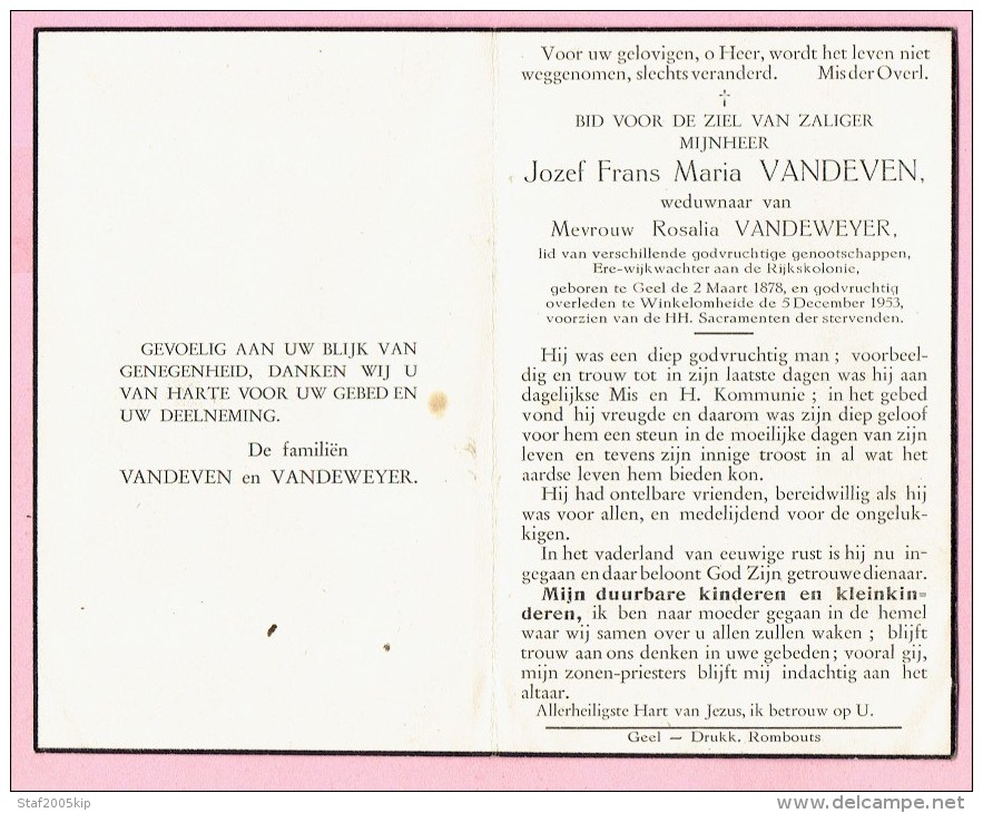 Bidprentje - Jozef Frans Maria VANDEVEN Wed. Rosalia VANDEWEYER - Geel 1878 - Geel Winkelomheide 1953 - Images Religieuses