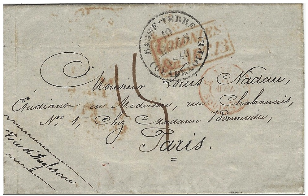1849- Lettre De Basse-Terre ( Guadeloupe  + COLONIES / &c.ART.12 Encadré Rouge -taxe 15 D. Pour Paris ( Voie Anglaise ) - 1849-1876: Période Classique