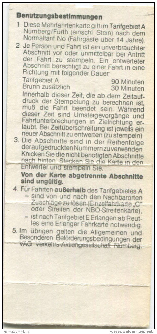 VAG Verkehrs-AG Nürnberg - Mehrfahrtenkarte - Gemeinschaftsverkehr Mit Stadtwerken Fürth Und Erlanger Stadtwerke AG - Europe