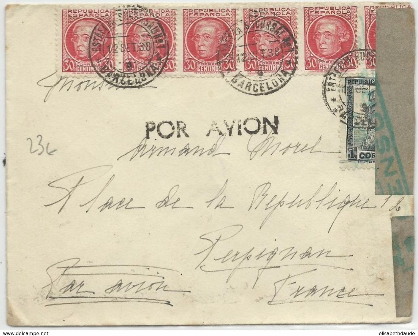 ESPAGNE - 1938 - ENVELOPPE Avec CENSURE De BARCELONA Pour PERPIGNAN - Republikanische Zensur