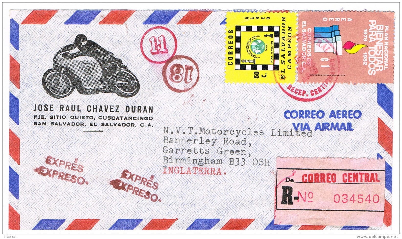 RB 1114 -  El Salvador 1980's Registered Express Advertising Cover - Motor Cycles Transport - Salvador