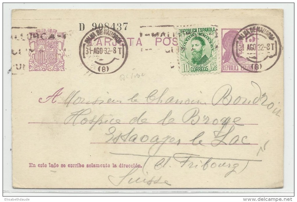 ESPAGNE - 1932 - CARTE ENTIER POSTAL De PALMA De MALLORCA Pour FRIBOURG (SUISSE) - 1931-....