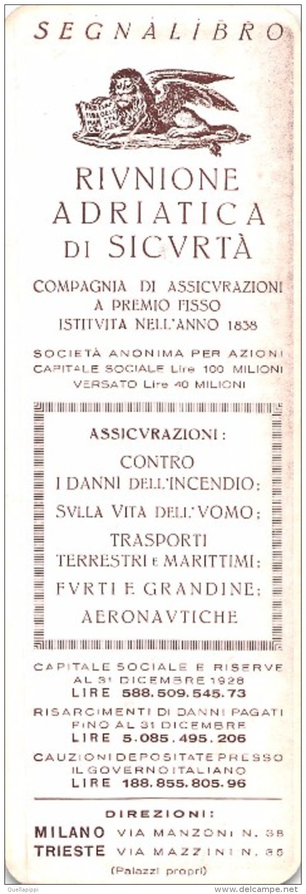 04808 "RIUNIONE ADRIATICA DI SICURTA'-COMPAGNIA ASS.NE ISTITUITA 1838-MILANO-TRIESTE"CASTELLO SFORZESCO SEGNALIBRO ORIG. - Segnalibri