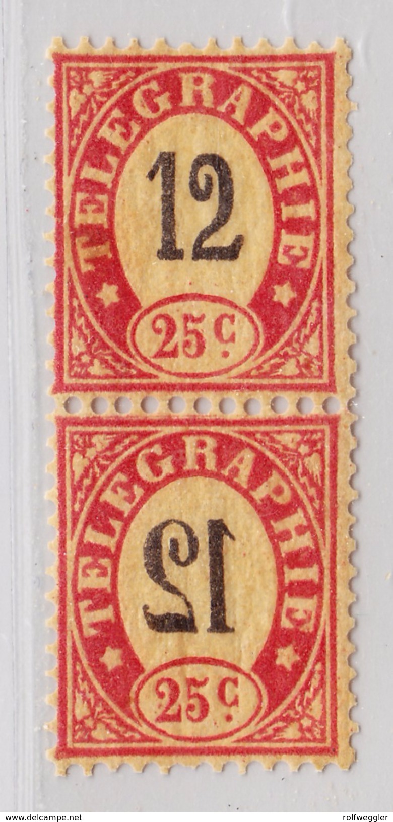Schweiz Telegraphen-Marke 1868 Probedruck 25c Senkrechtes Paar Auf Seidenpapier - Télégraphe