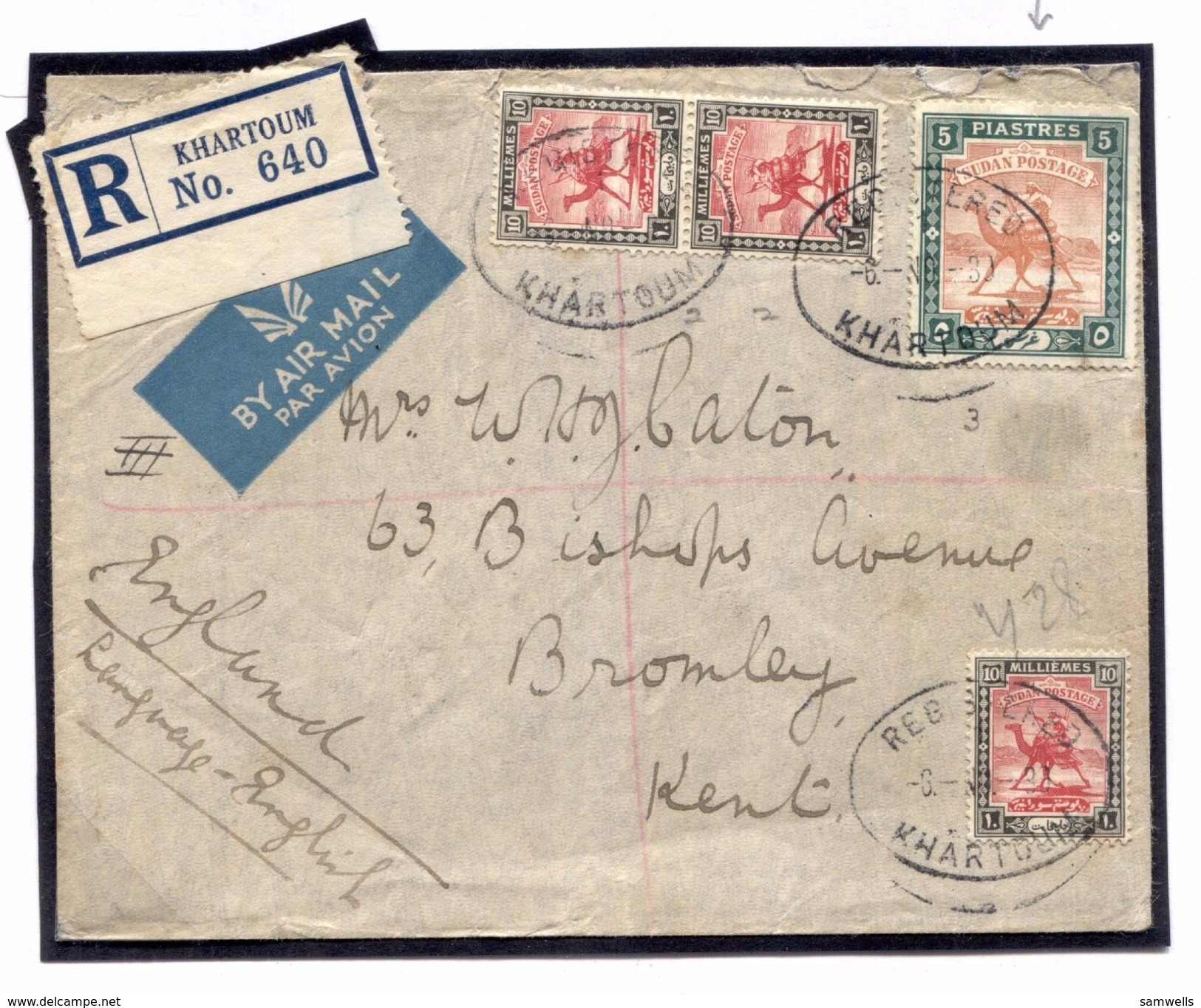 DBW541 1939 Khartoum Registered High Values Airmail/GB Kent Bromley - Otros & Sin Clasificación