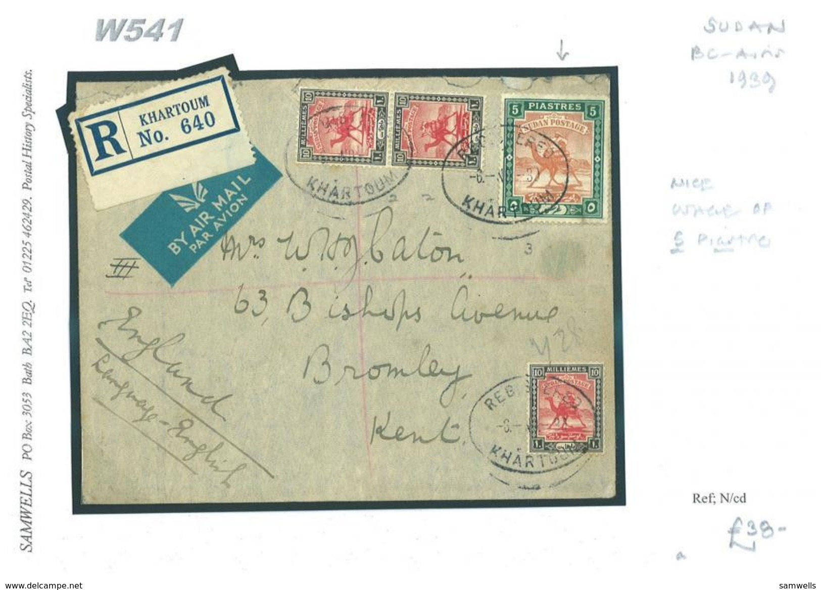 DBW541 1939 Khartoum Registered High Values Airmail/GB Kent Bromley - Otros & Sin Clasificación