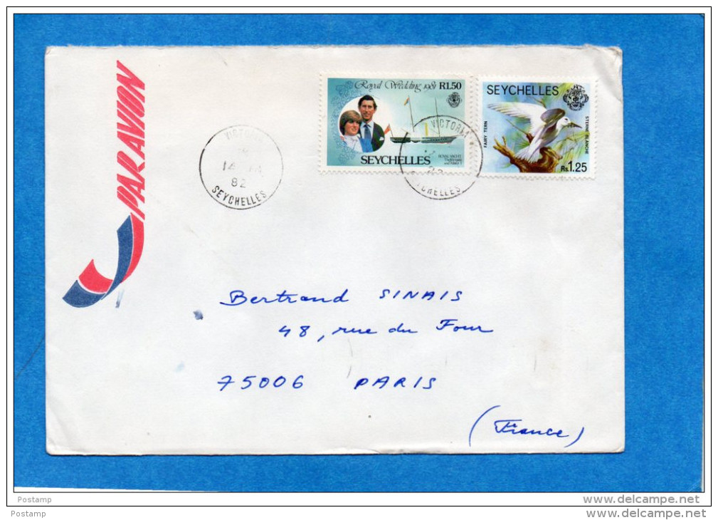 MARCOPHILIE-lettre Seychelles-cad 1982 Victoria- -2 Stamps-N°43 Charles+Diana+oiseaux-Pour Françe - Seychelles (1976-...)