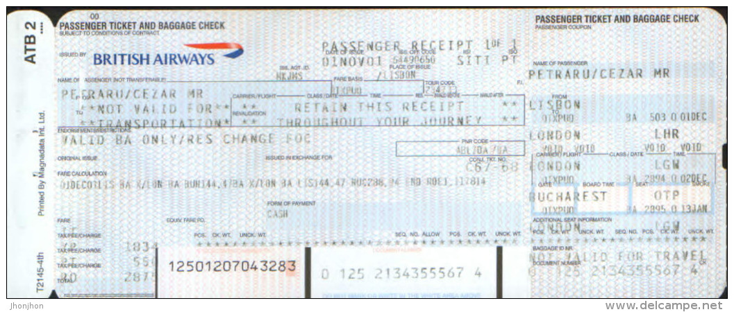 Air Ticket Lisbon-London- Bucharest Route - British Airways - Europa